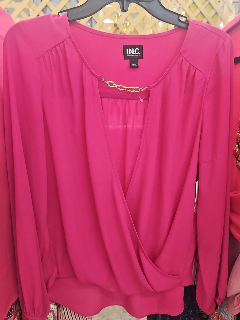 INC International Concepts Fuchsia Draped Blouse with Gold Chain